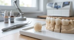 Dental laboratuvar ortamında, beyaz bir tepsi üzerinde insan alt çenesi alçı modeli ve kaplamaları, ayrı bir yapay kuron, üç adet etiketli küçük şişe ve paslanmaz çelik cımbızın bulunduğu detaylı bir yakın çekim fotoğrafı. Arka plan bulanıktır