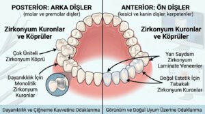 Solda "POSTERİOR: ARKA DİŞLER (molar ve premolar dişler)" ve sağda "ANTERİOR: ÖN DİŞLER (kesici ve kanin dişler, kerpetenler)" başlıkları altında, zirkonyum diş protezlerinin uygulamalarını karşılaştırmalı olarak gösteren bir dental infografik. Sol tarafta bir model jaw ve "Zirkonyum Kuronlar ve Köprüler" yazısının altında, oklarla işaret edilmiş "Çok Üniteli Zirkonyum Köprü" ve cutaway görüntüsüyle "Dayanıklılık İçin Monolitik Zirkonyum Kuronlar" gösteriliyor; altta "Dayanıklılık ve Çiğneme Kuvvetine Odaklanma" vurgulanıyor. Sağ tarafta üst ve alt çene ön kısımları gösterilerek "Zirkonyum Kuronlar ve Köprüler" başlığı altında, oklarla işaret edilmiş "Yarı Saydam Zirkonyum Laminate Veneerler" ve "Doğal Estetik İçin Tabakalı Zirkonyum Kuronlar" yer alıyor; altta "Görünüm ve Doğal Uyum Üzerine Odaklanma" vurgulanıyor. Arka planda dental aletler ve 3D dental model gösteren monitörler bulunuyor.